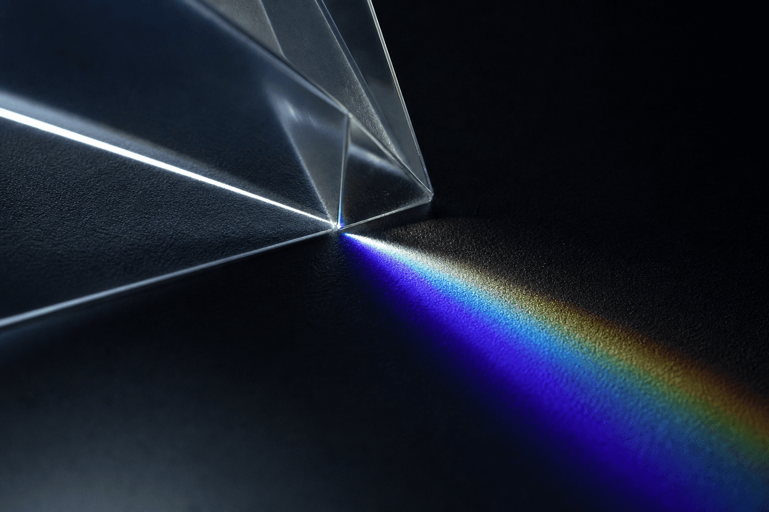 A beam of white light entering a glass prism and leaving as a spectrum